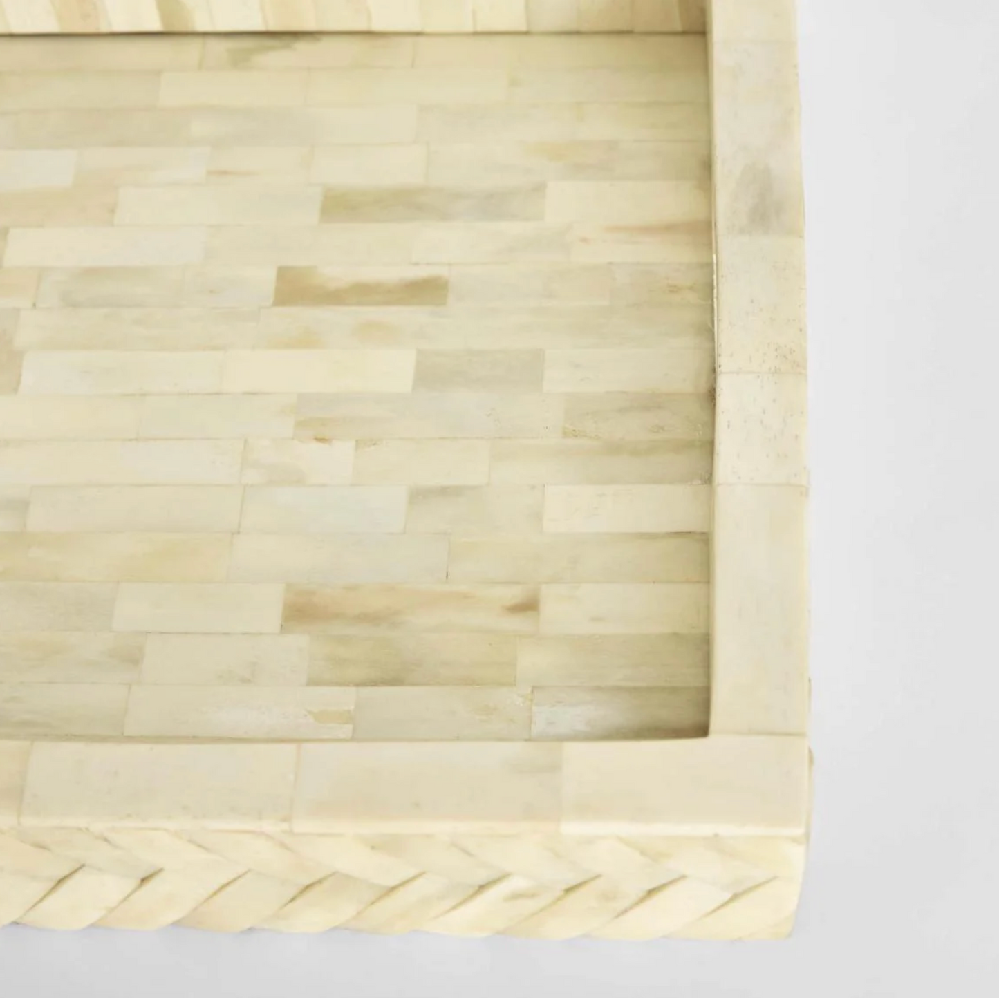 Bone inlay tray with herringbone border in ivory, top angle view