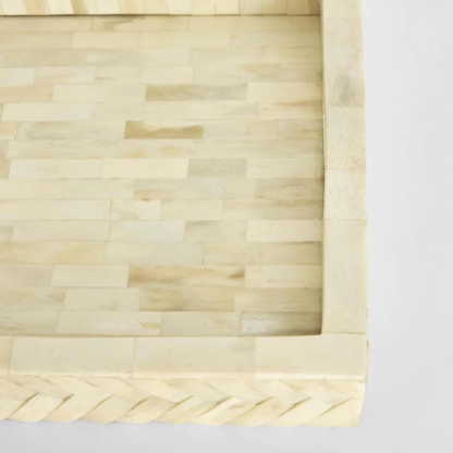 Bone inlay tray with herringbone border in ivory, top angle view