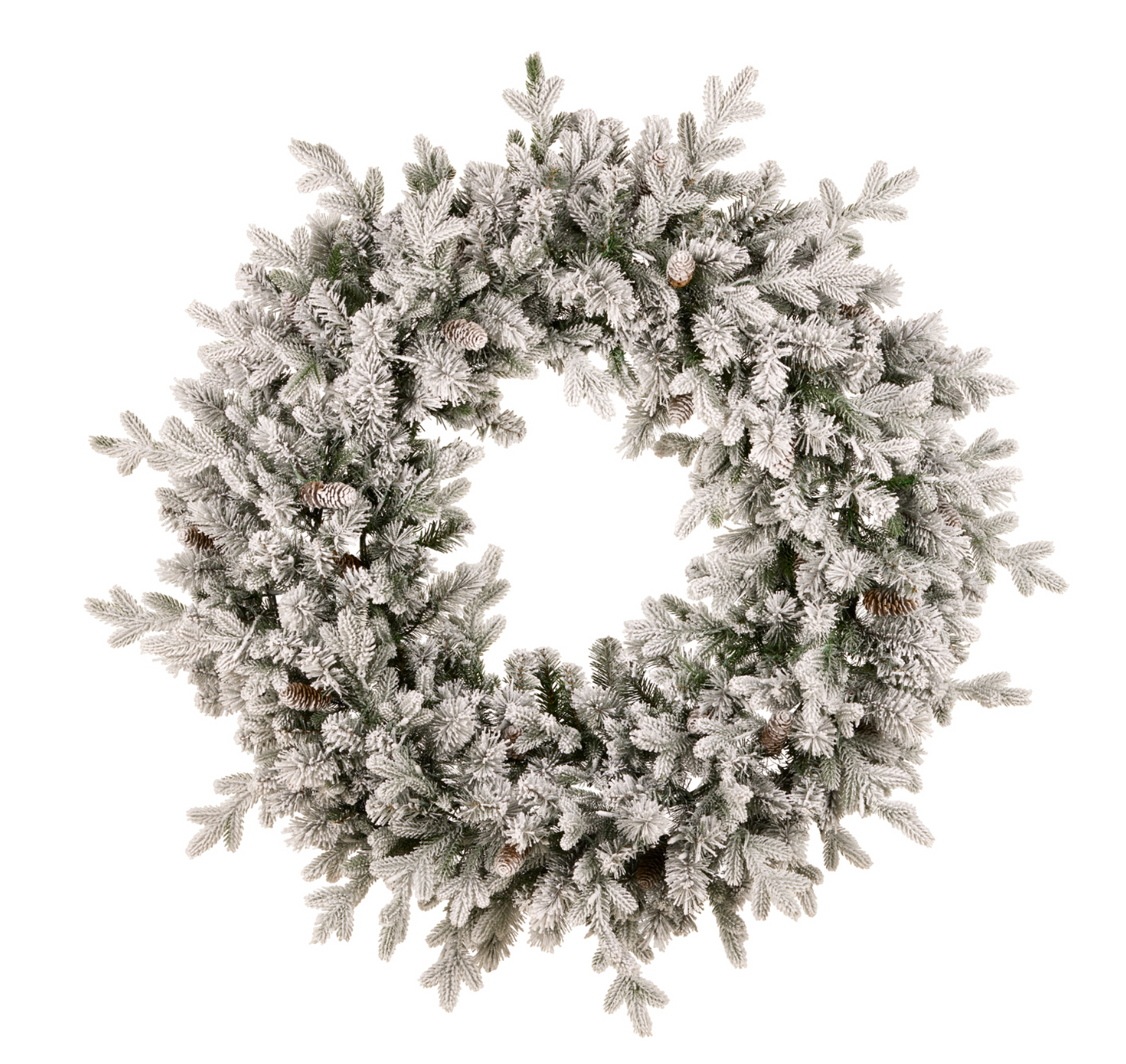 Snow-flocked Christmas wreath with pine cones