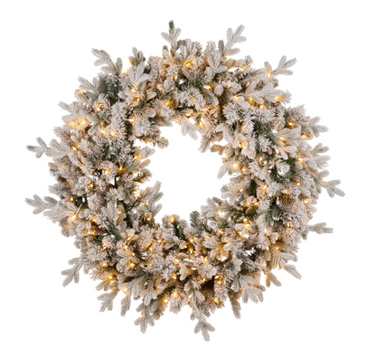 Snowy Dorchester wreath with warm white twinkle lights