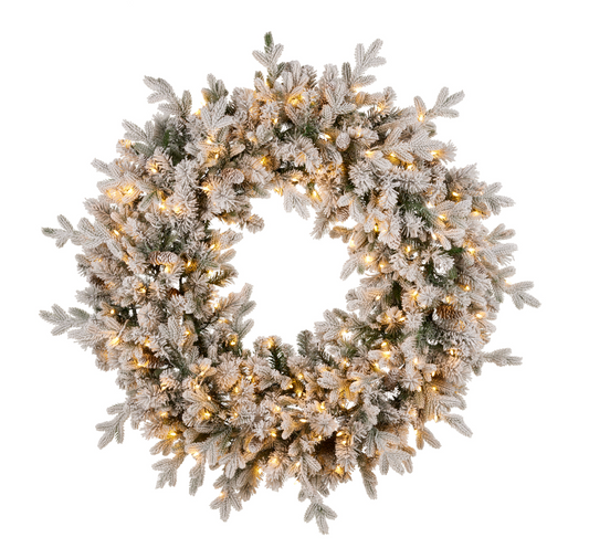 Snowy Dorchester wreath with warm white twinkle lights