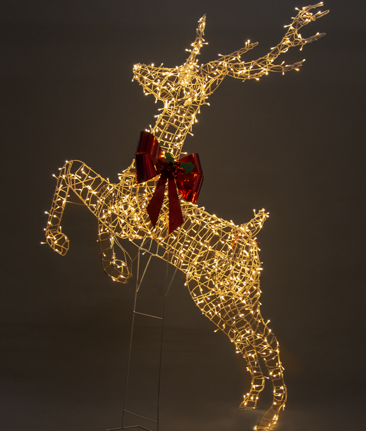 Light-up rearing reindeer with warm white twinkle lights and red bow