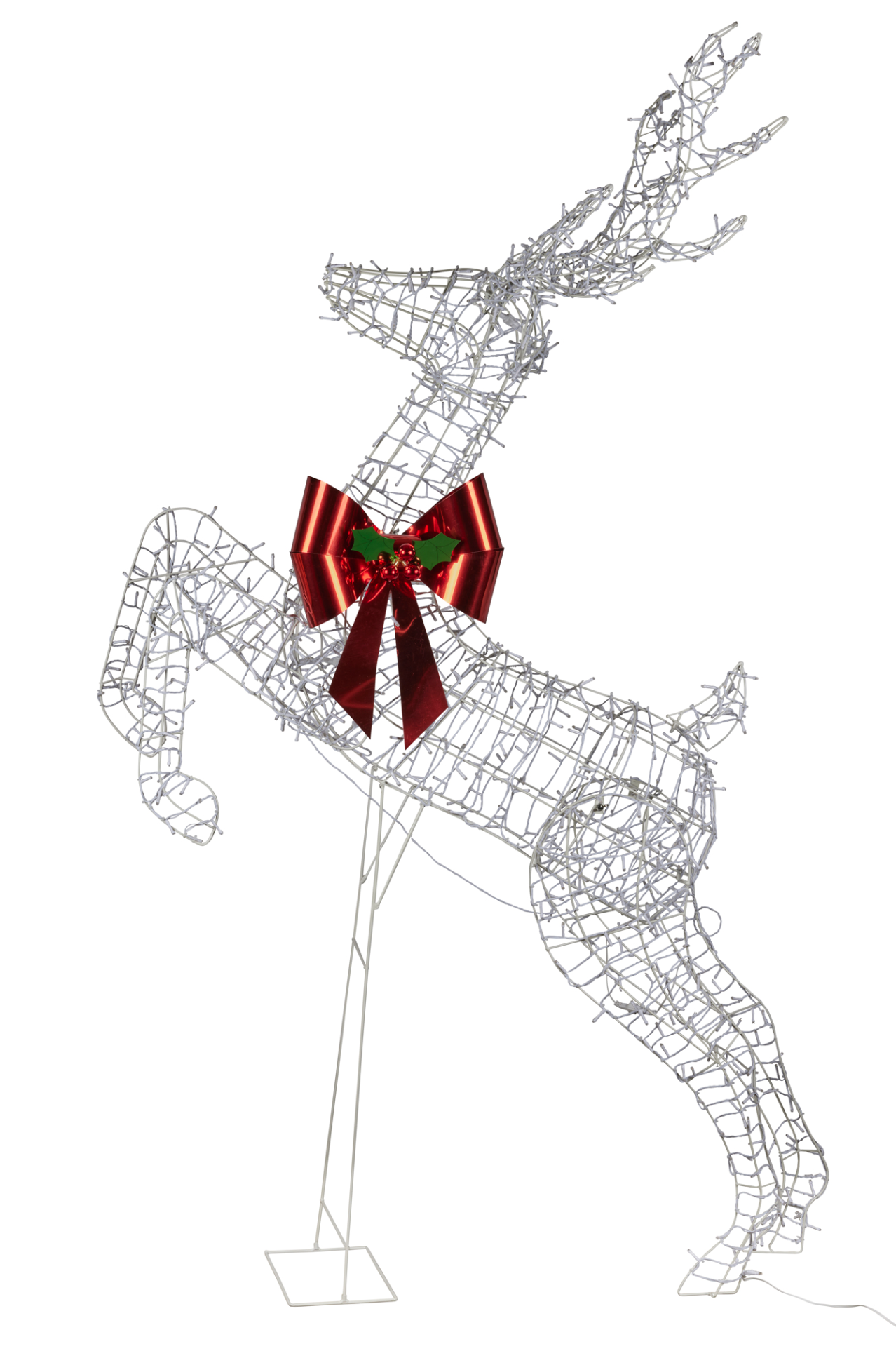 Light-up rearing reindeer with warm white twinkle lights and red bow