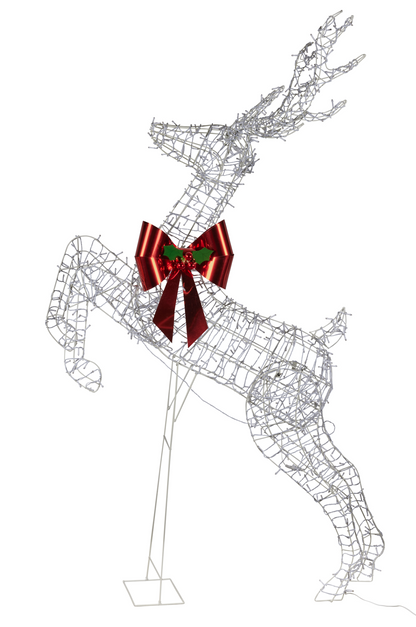 Light-up rearing reindeer with warm white twinkle lights and red bow
