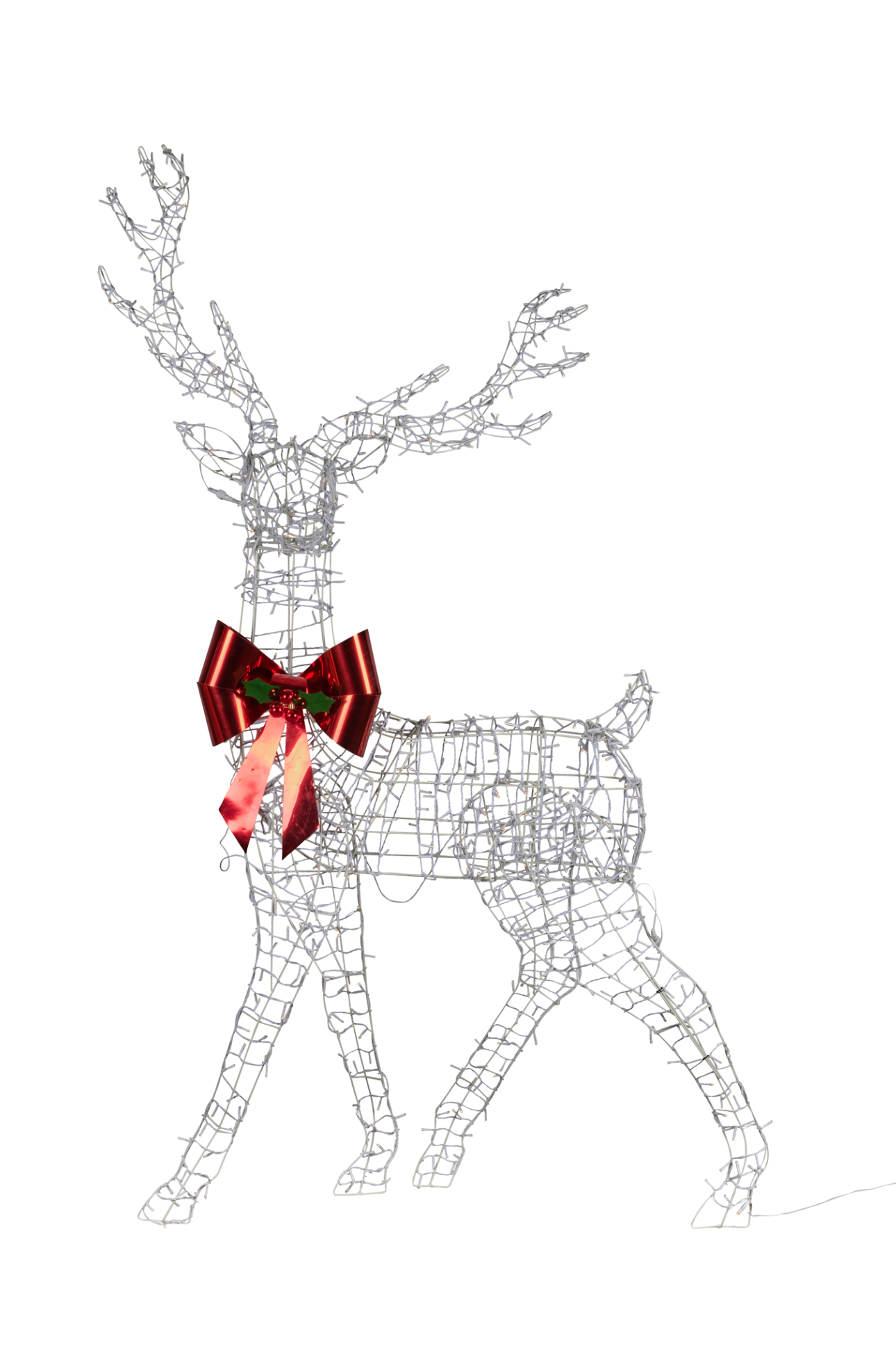 Light reindeer displayed outdoors with warm white twinkle lights