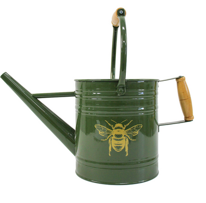 Front view of dark green bee watering can with gold bee detailing