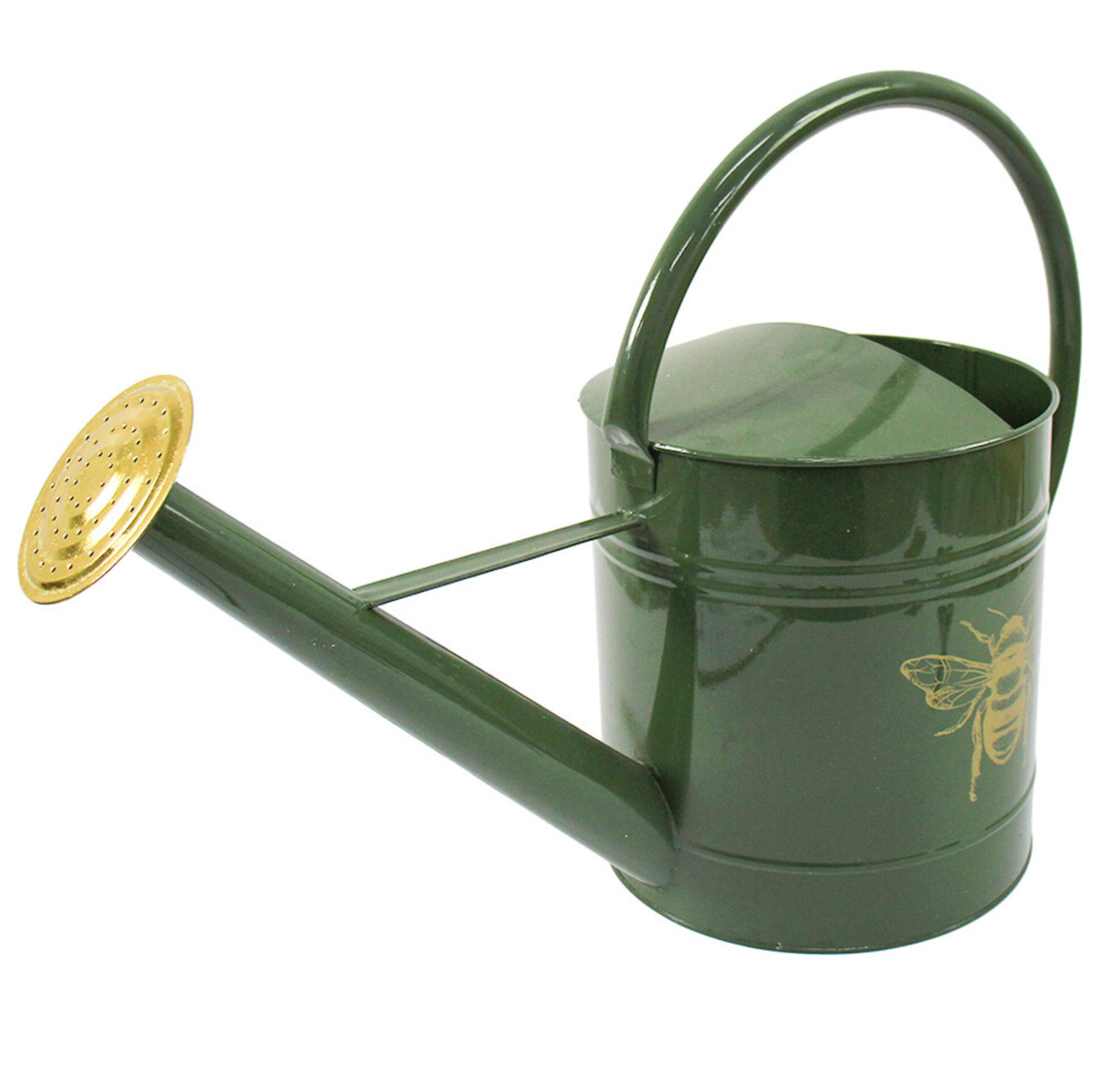 Dark green bee watering can with long spout and wood handle