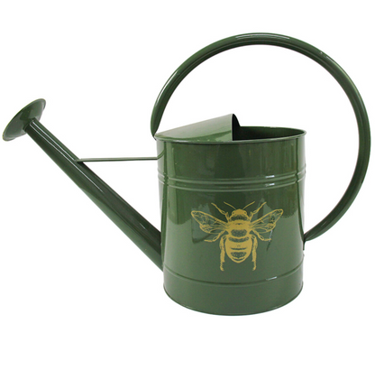Large dark green bee watering can with gold bee detailing