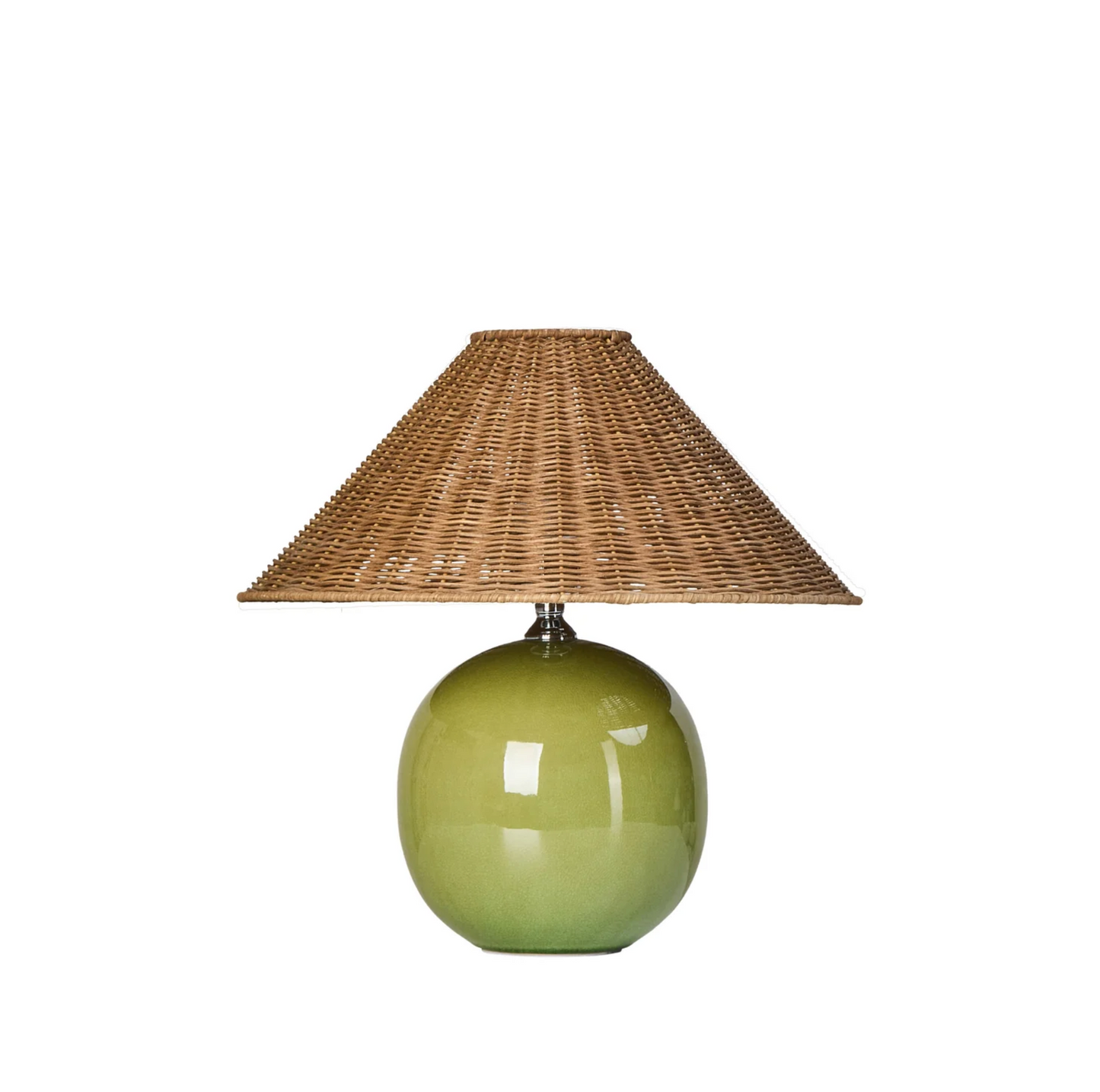 Green ceramic table lamp with a natural rattan shade