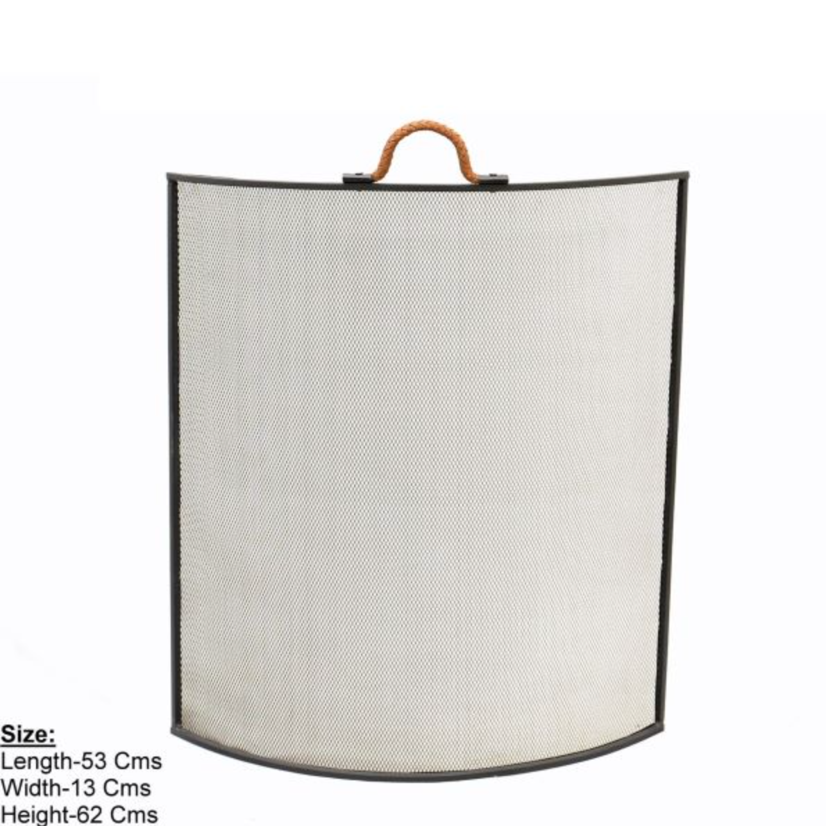 Leather handle fire screen styled beside a fireplace