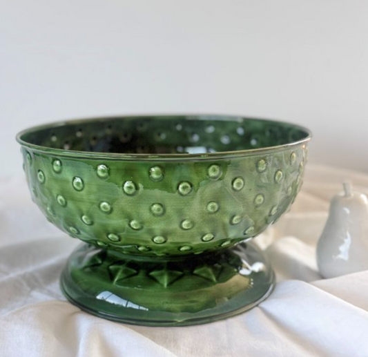 Green enamel footed spot bowl with raised spots