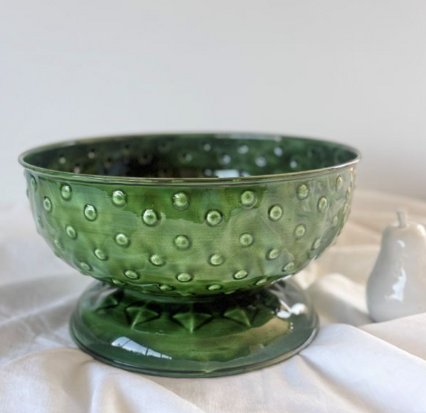 Green enamel footed spot bowl with raised spots