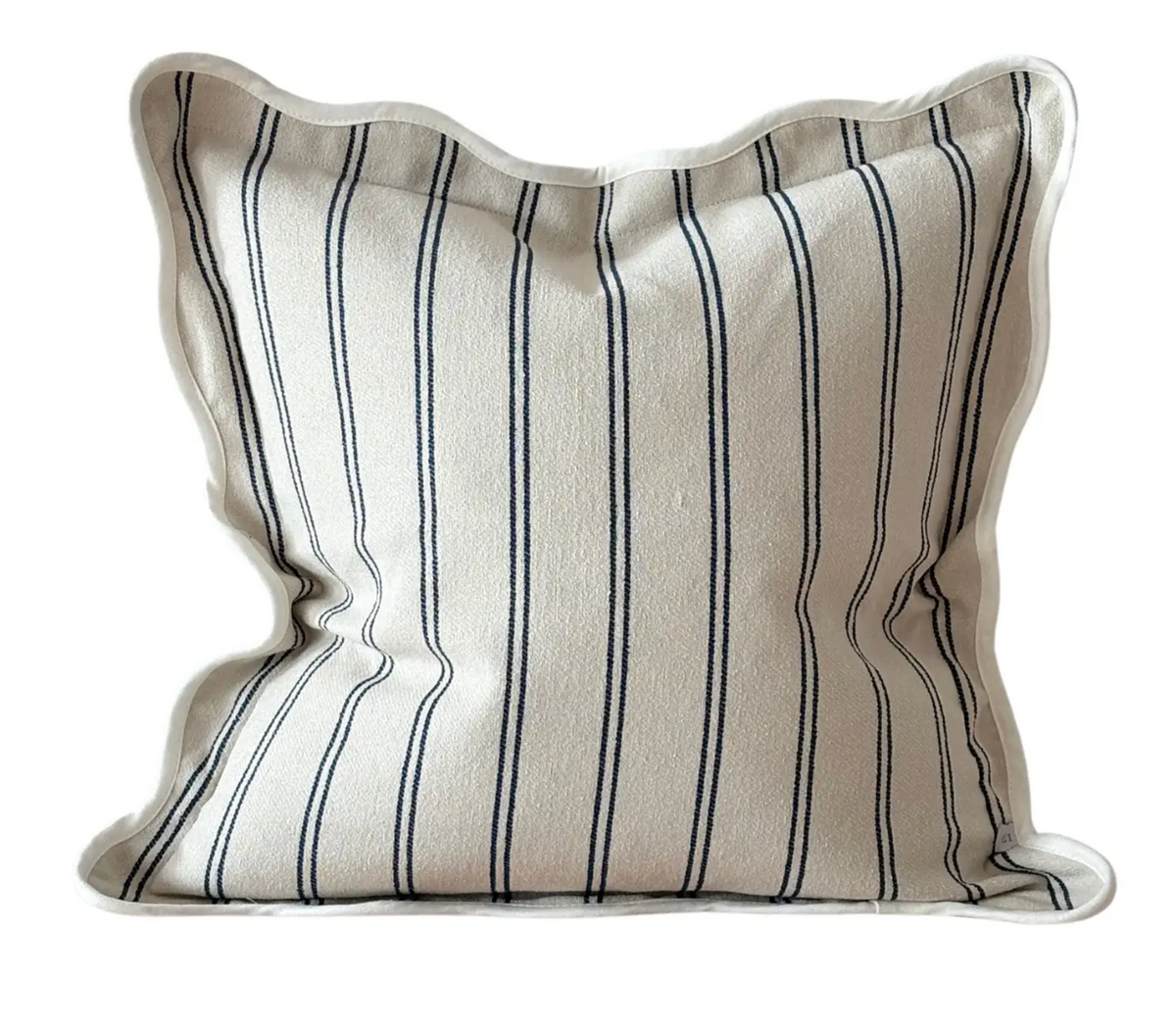 Navy and cream striped rectangular scalloped edge cushion with feather insert on a white background