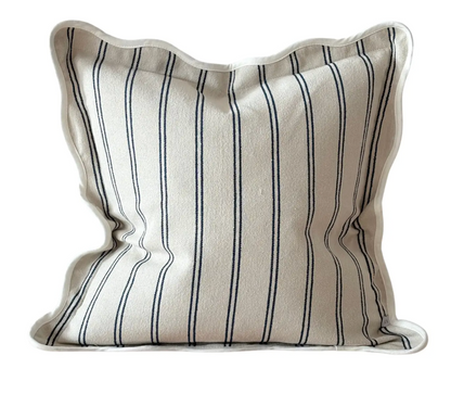 Navy and cream striped rectangular scalloped edge cushion with feather insert on a white background