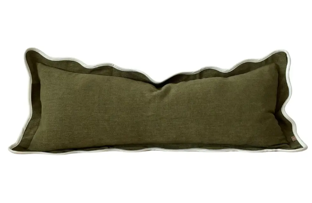 Olive elongated scalloped edge bolster cushion with feather insert on a white background