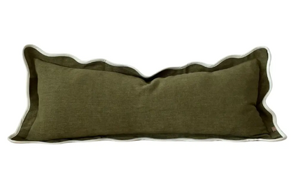 Olive elongated scalloped edge bolster cushion with feather insert on a white background