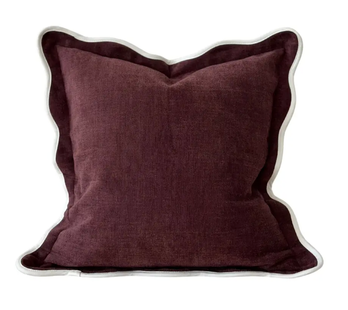 Plum square scalloped edge cushion with feather insert on a white background