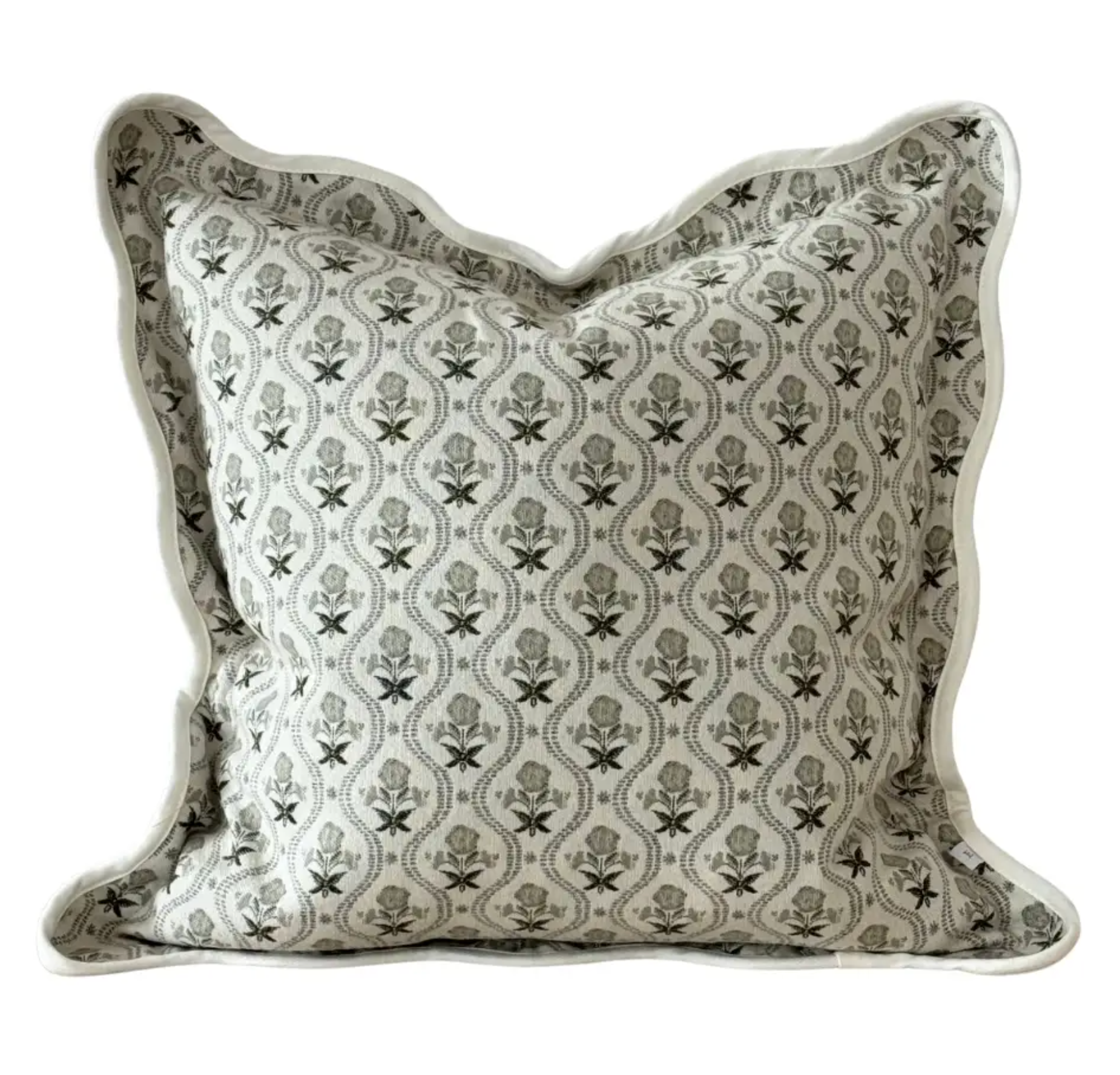 Sage print square scalloped edge cushion with feather insert on a white background