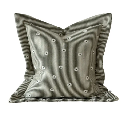 Sage and cream striped square cushion with daisy pattern and flanged edge on a white background