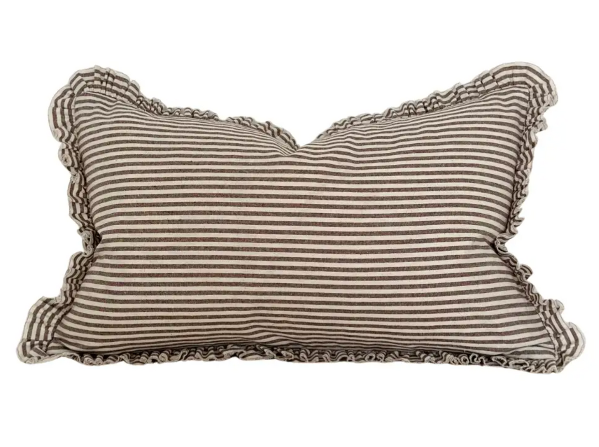 Dark brown striped rectangular ruffle cushion with feather insert on a white background