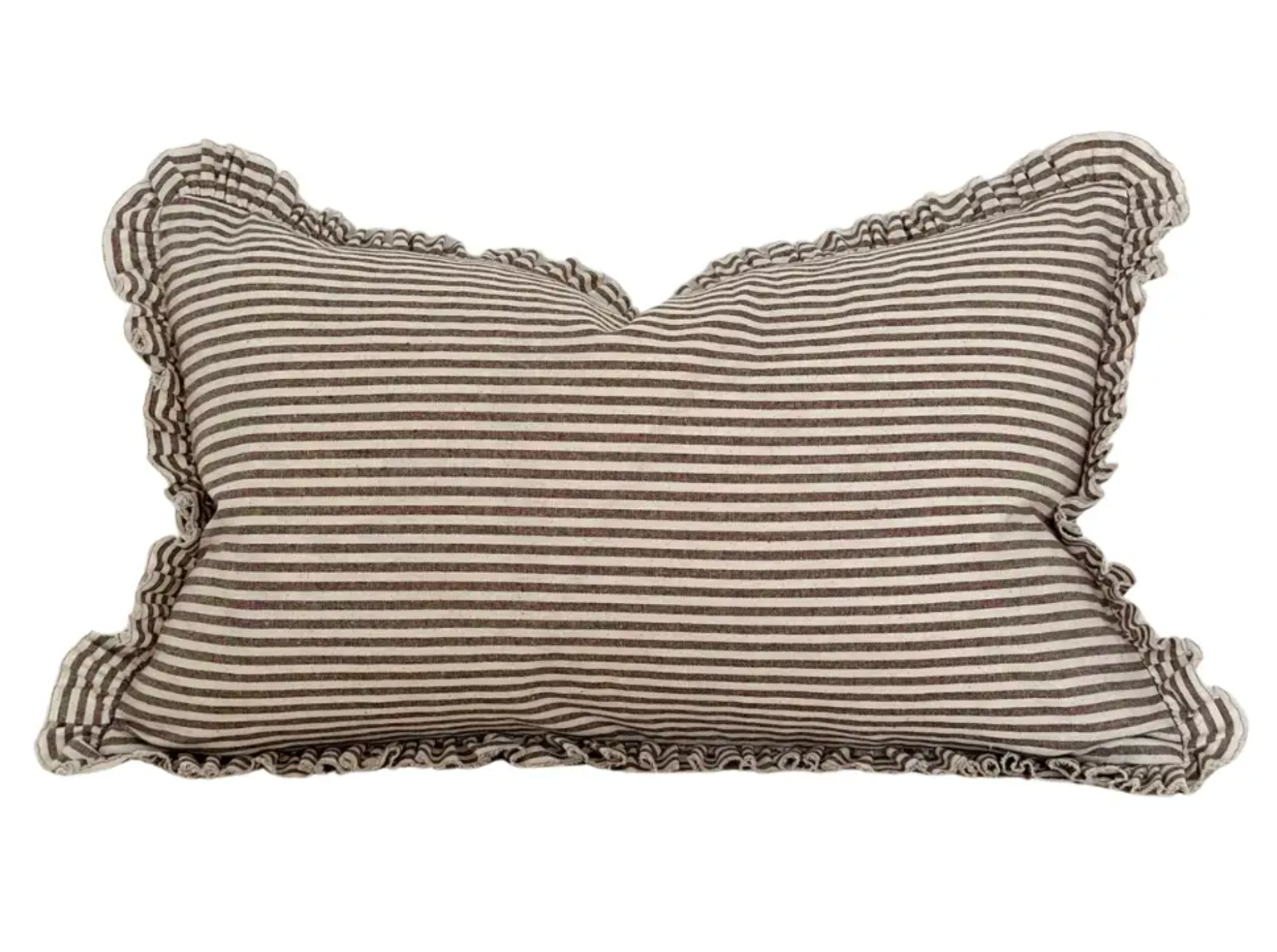 Dark brown striped rectangular ruffle cushion with feather insert on a white background
