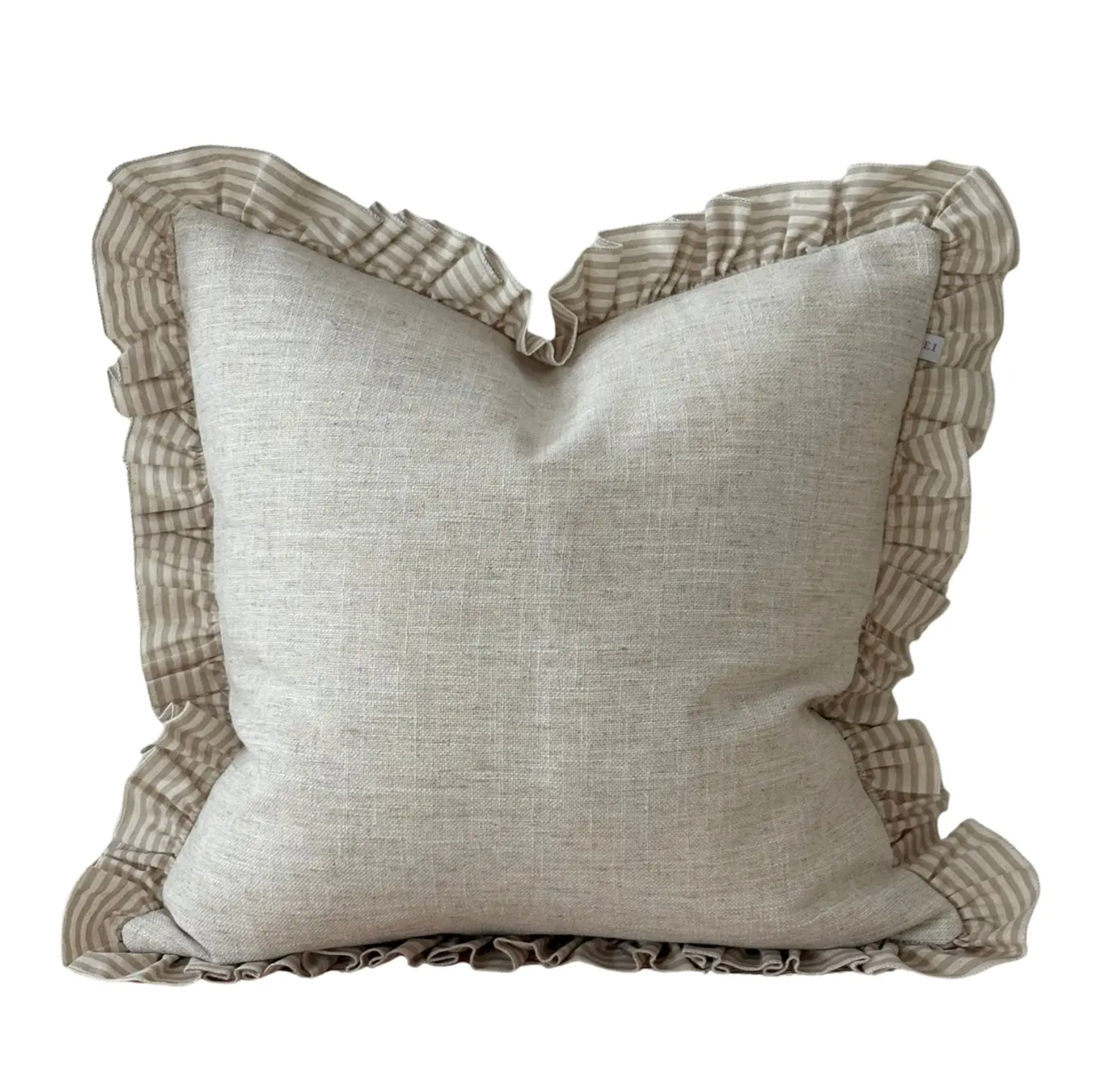 Beige striped square cushion cover with ruffled edges