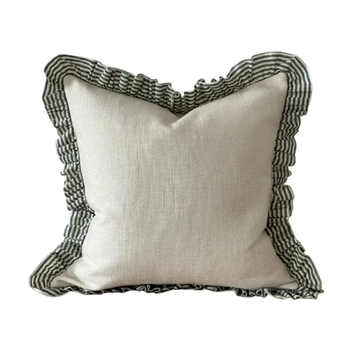 Green and cream striped square ruffle cushion with feather insert on a white background
