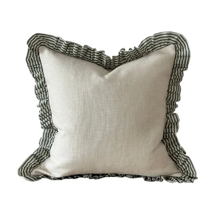 Green and cream striped square ruffle cushion with feather insert on a white background