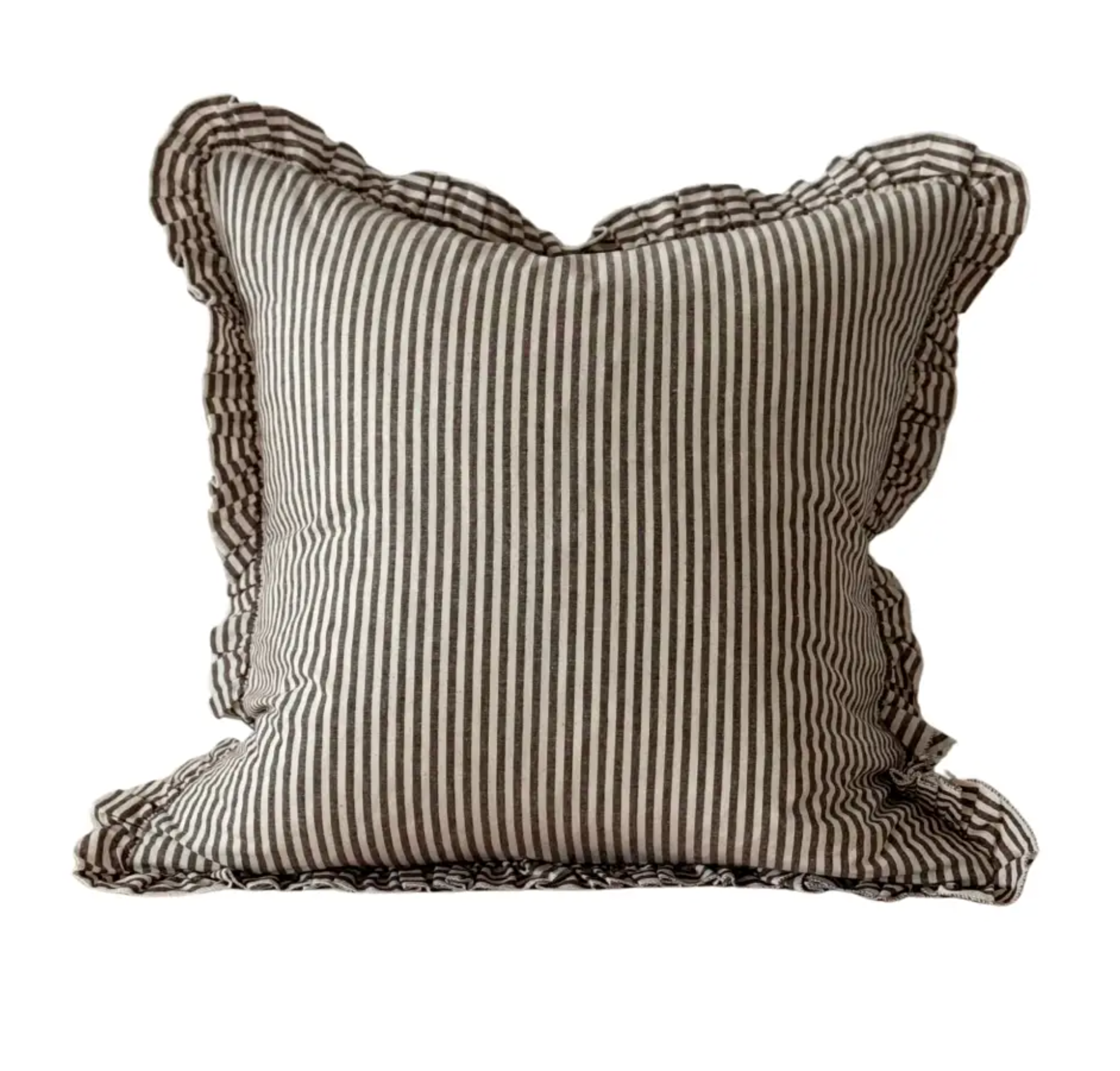 Dark brown striped square ruffle cushion with feather insert on a white background