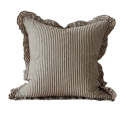 Dark brown striped square ruffle cushion with feather insert on a white background