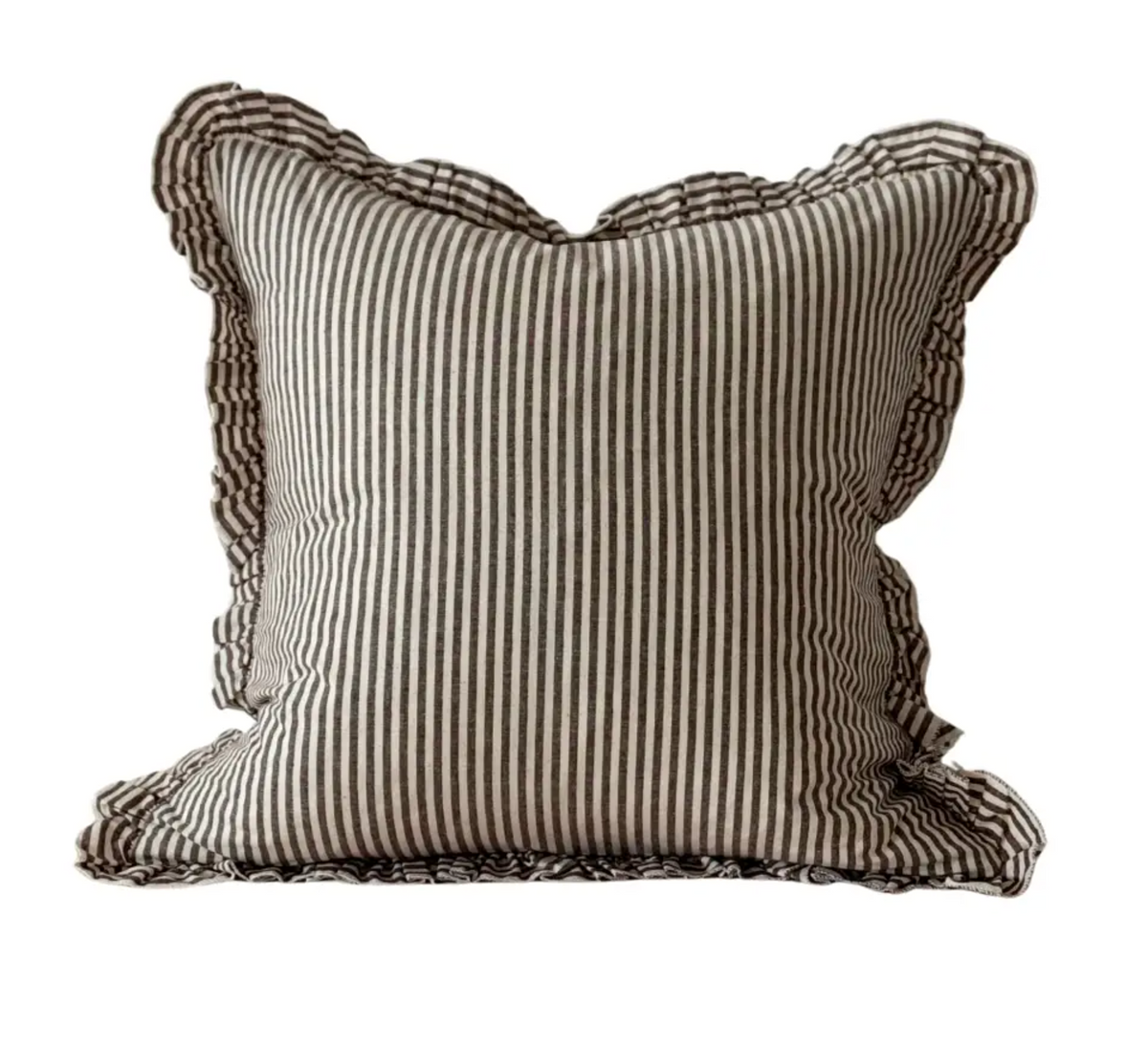 Dark brown striped rectangular ruffle cushion with feather insert on a white background