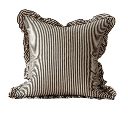 Dark brown striped rectangular ruffle cushion with feather insert on a white background