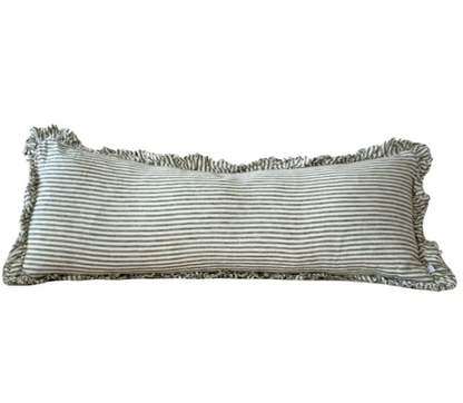 Olive striped rectangular ruffle bolster cushion with feather insert on a white background