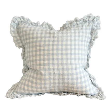 Blue and cream checkered linen cushion cover with a ruffled edge