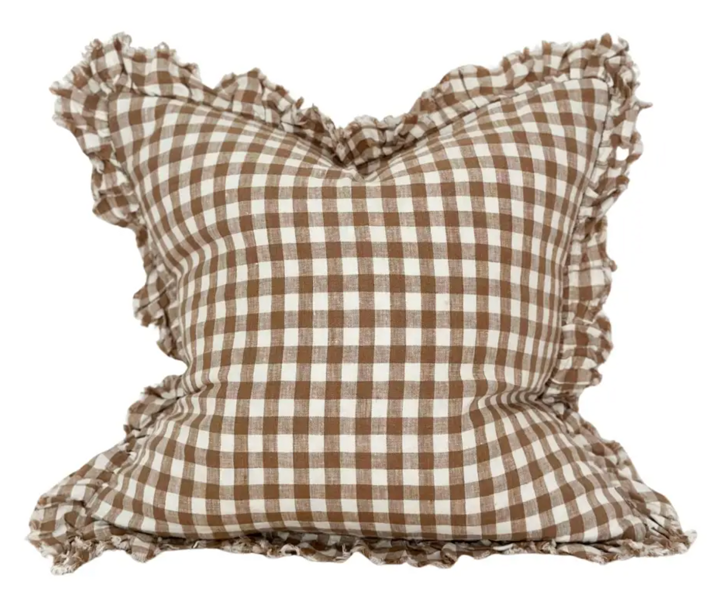 Brown and cream checkered linen cushion with a ruffled edge on a white background