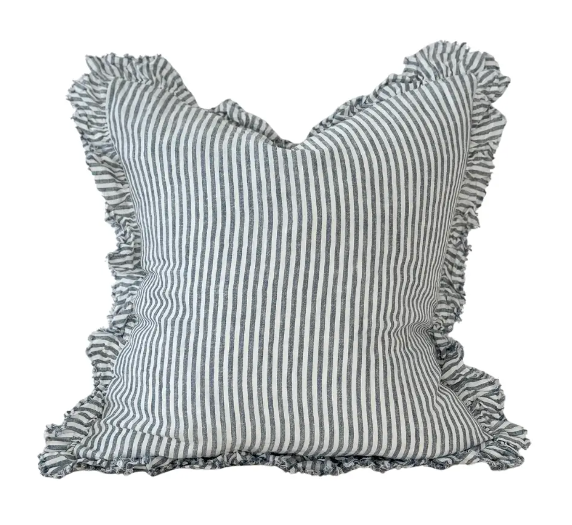 Blue and cream striped linen cushion with a ruffled edge on a white background