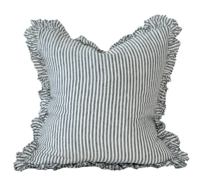 Blue and cream striped linen cushion with a ruffled edge on a white background