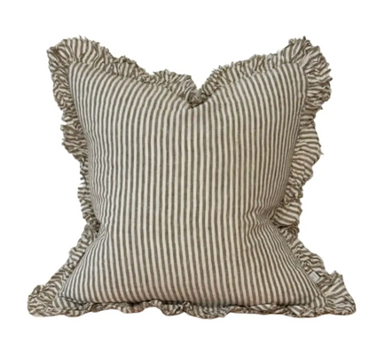Olive striped linen cushion with a ruffled edge on a white background