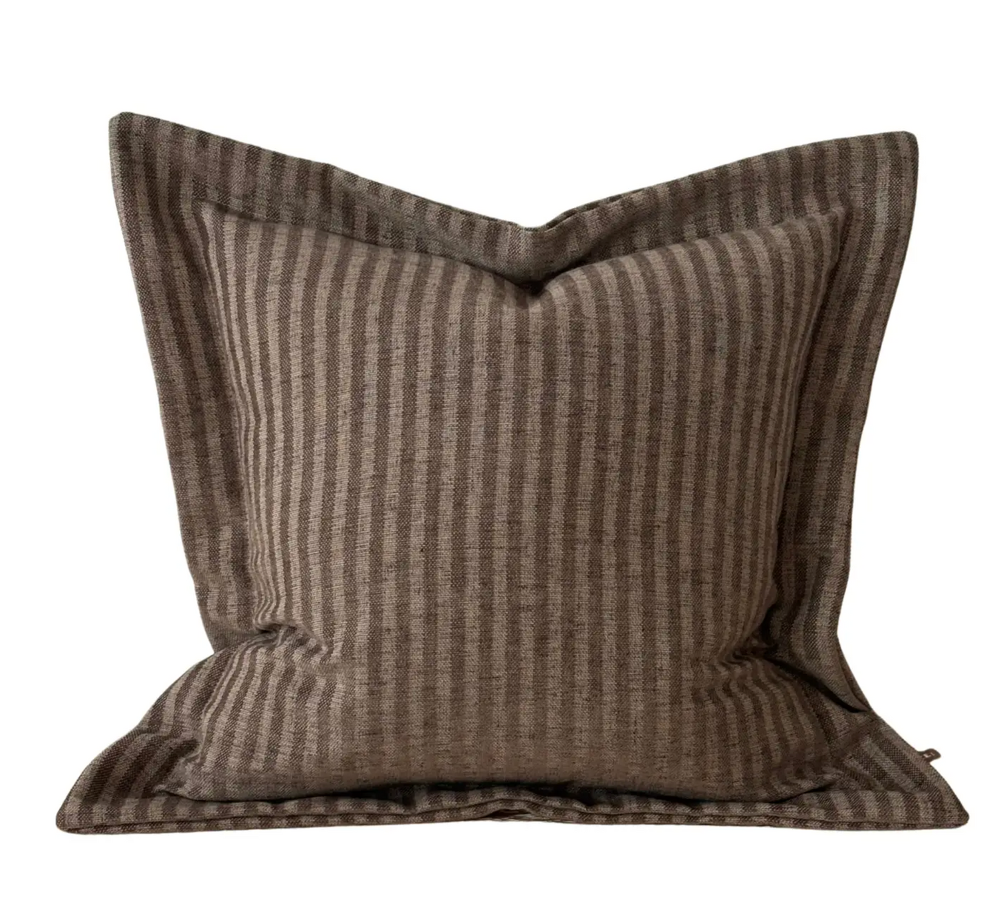 Brown and taupe striped square cushion with a 5 cm seam edge on a white background