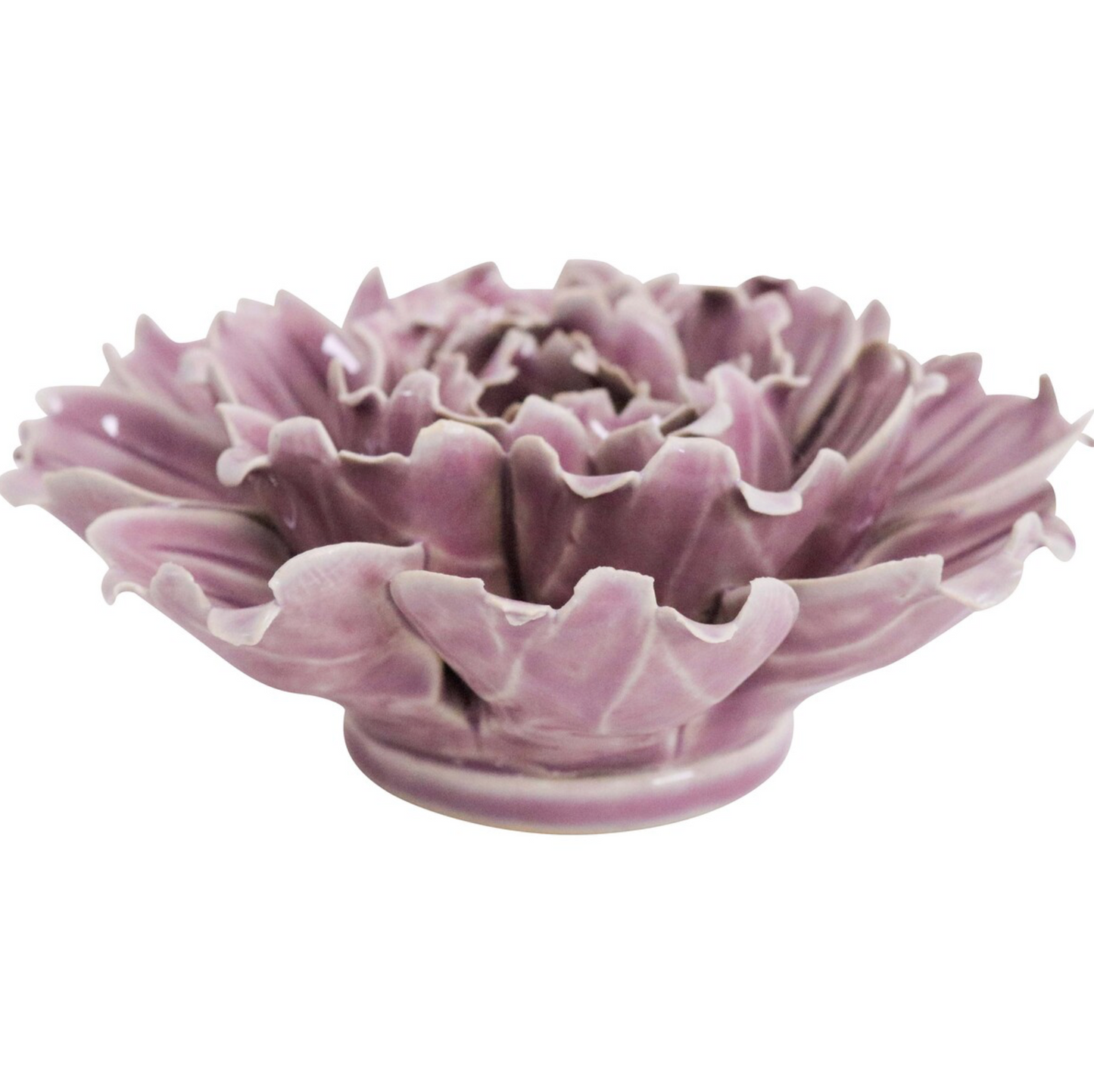 Side view of a mauve ceramic flower sculpture on a white background.