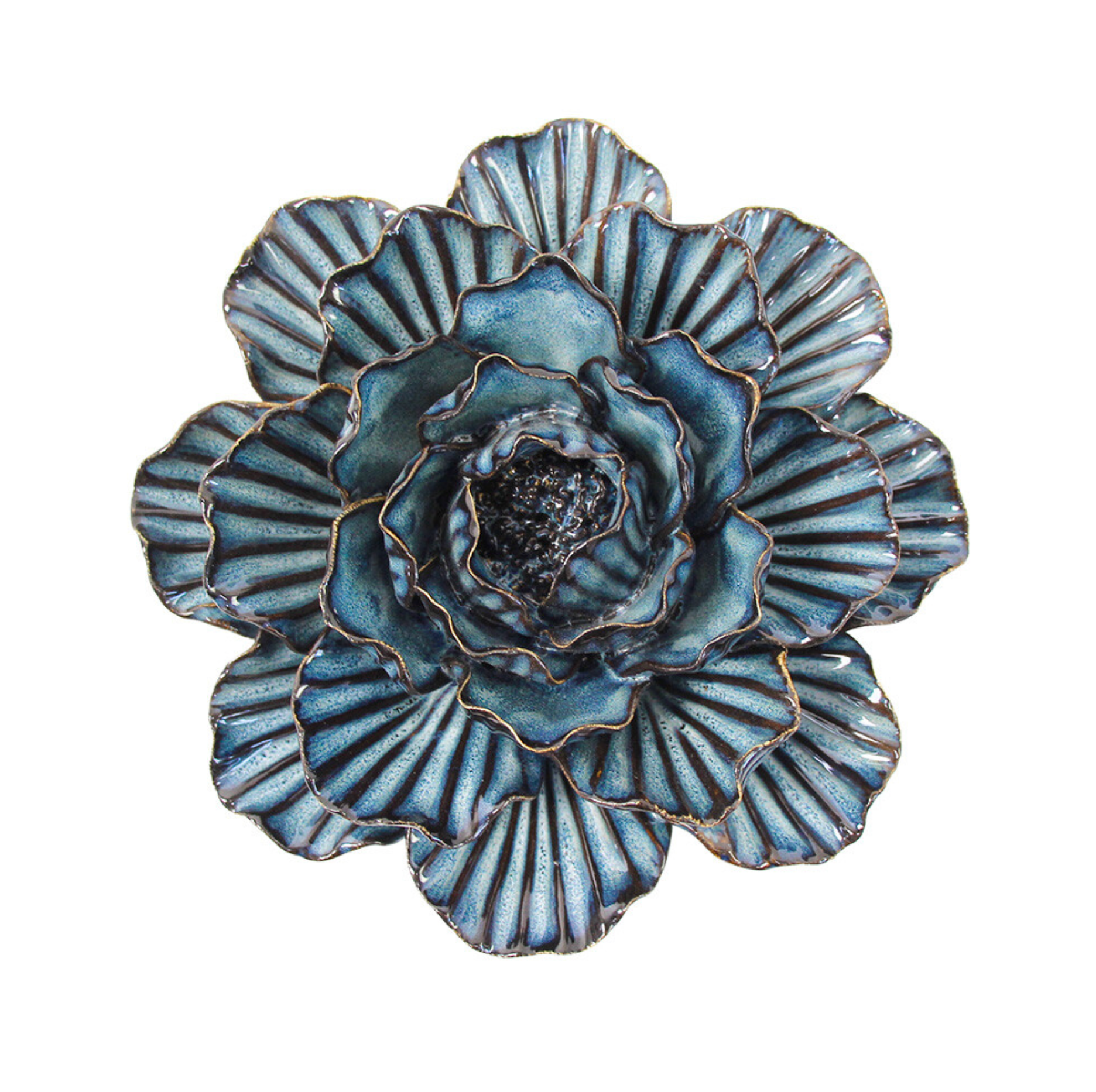 Back of an inky blue ceramic wall flower showing the hanging slot.