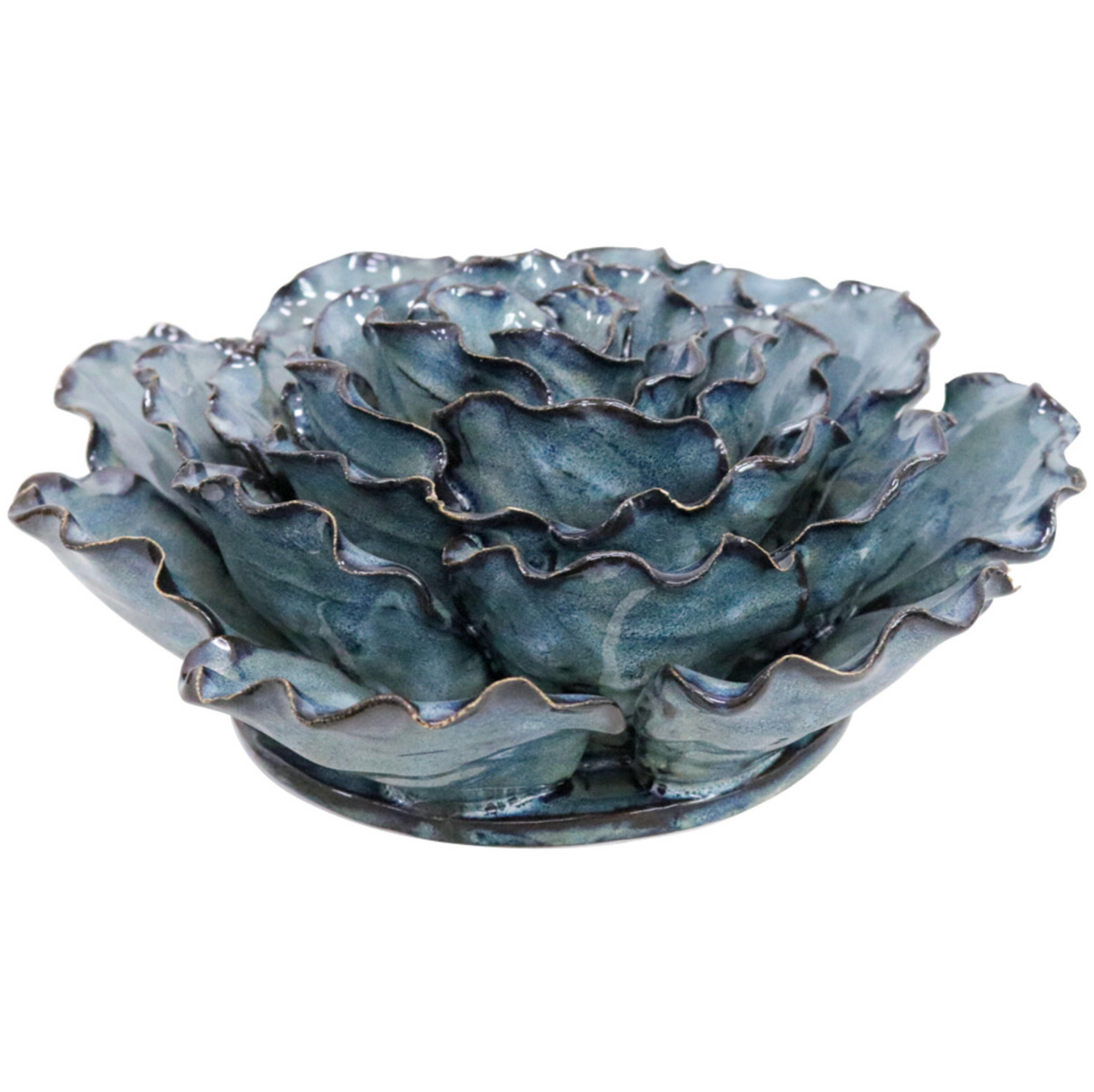 Front view of a large blue and teal ceramic ocean wall flower with gold-edged petals on a white background.
