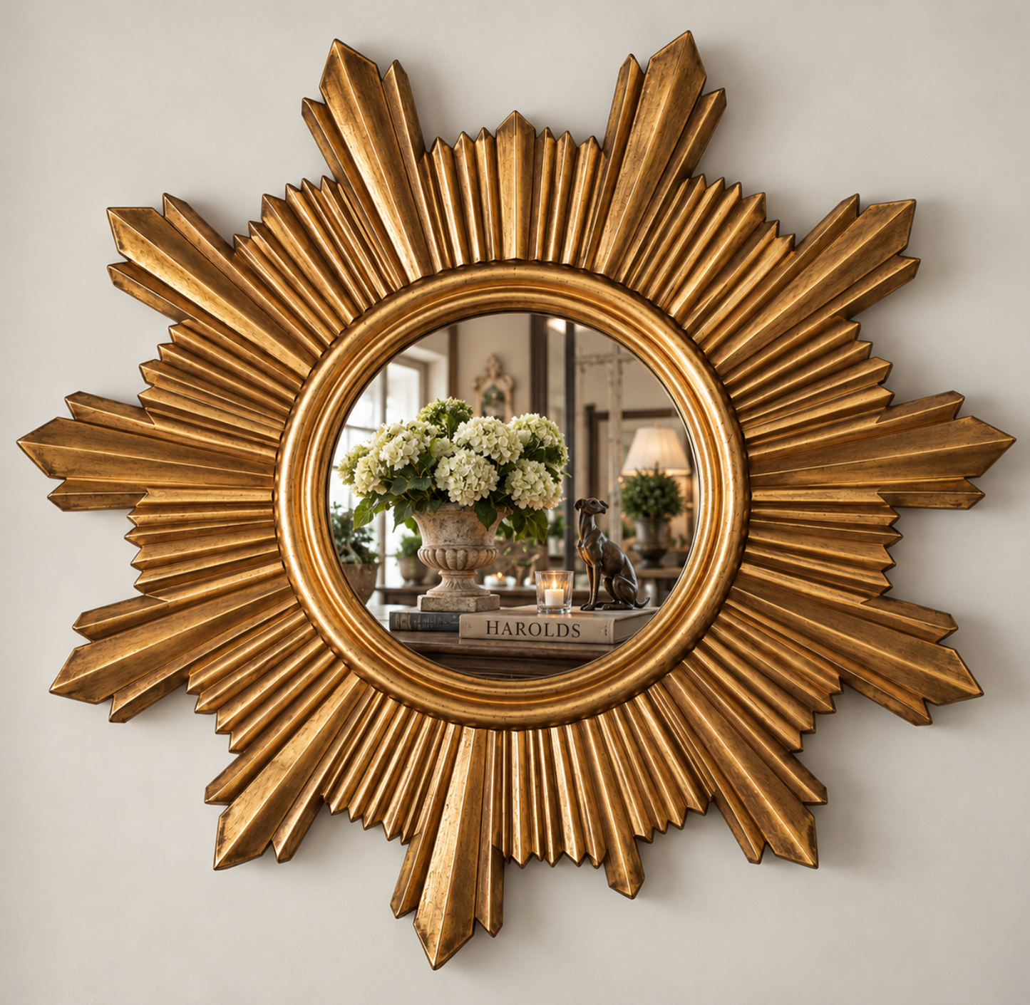 Gold traditional sunburst mirror with radiating rays and a round central mirror