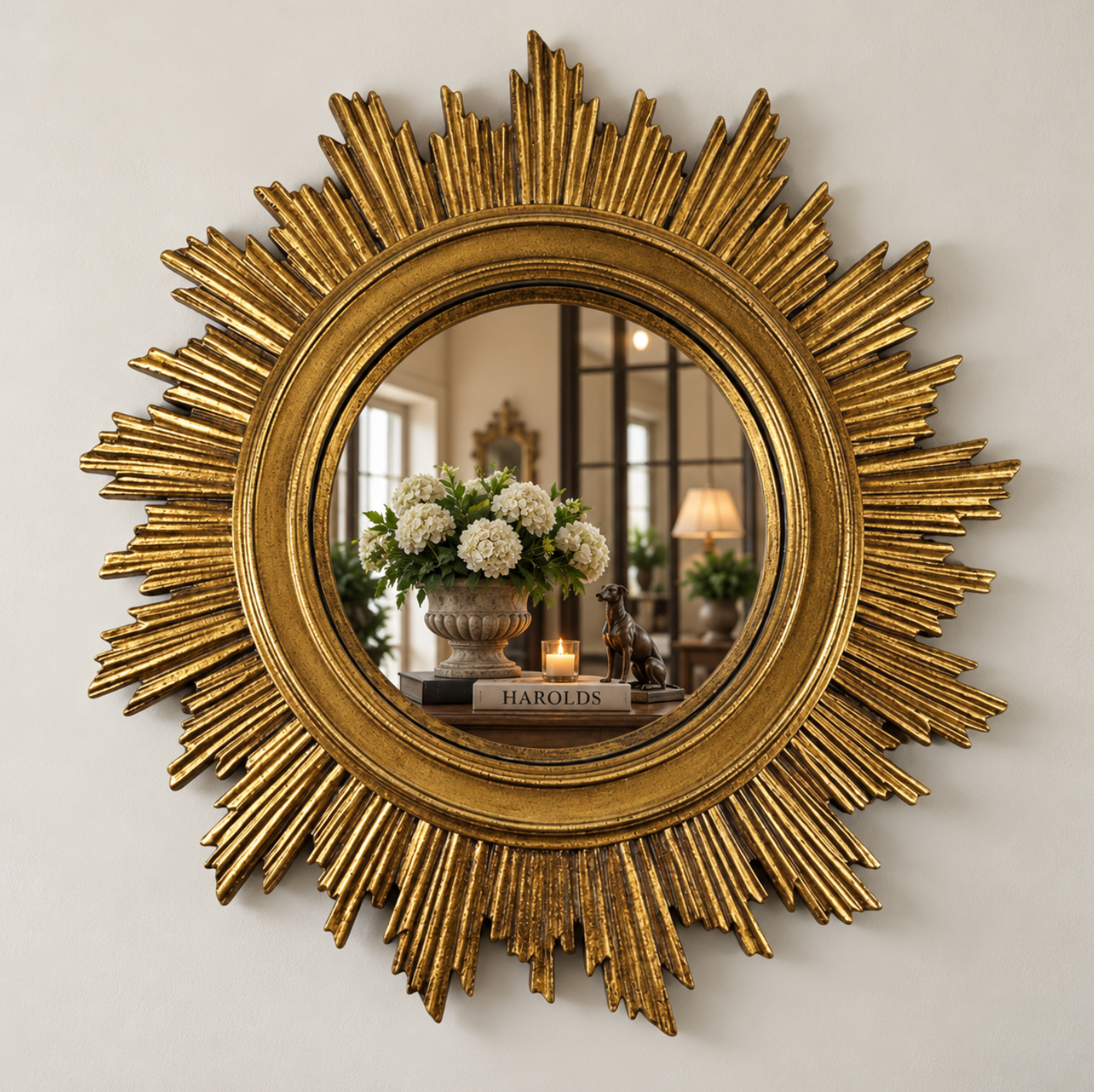 Large gold sunburst mirror with radiating rays and a round central mirror