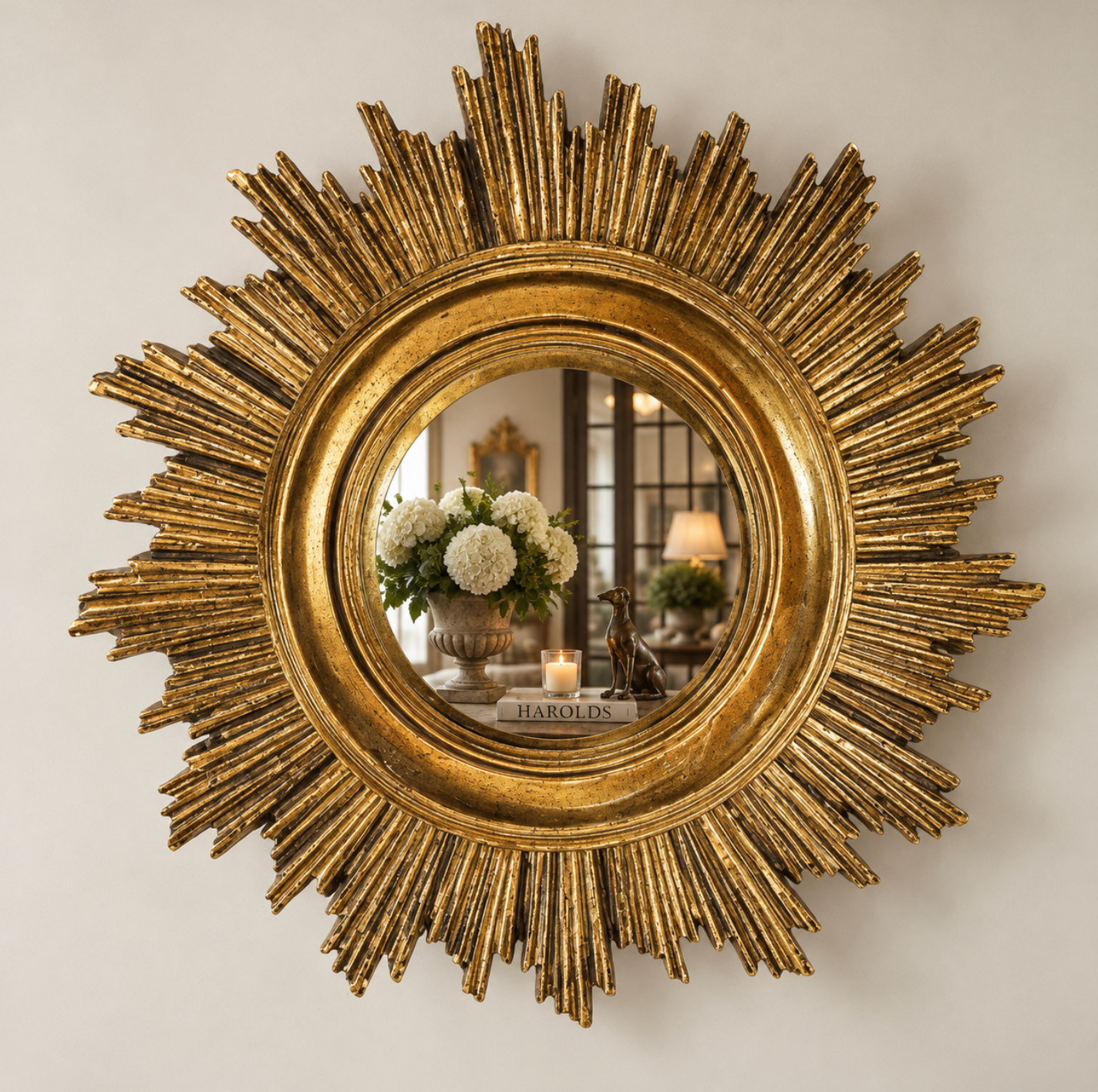 Small gold sunburst mirror with a painted timber frame and round central mirror