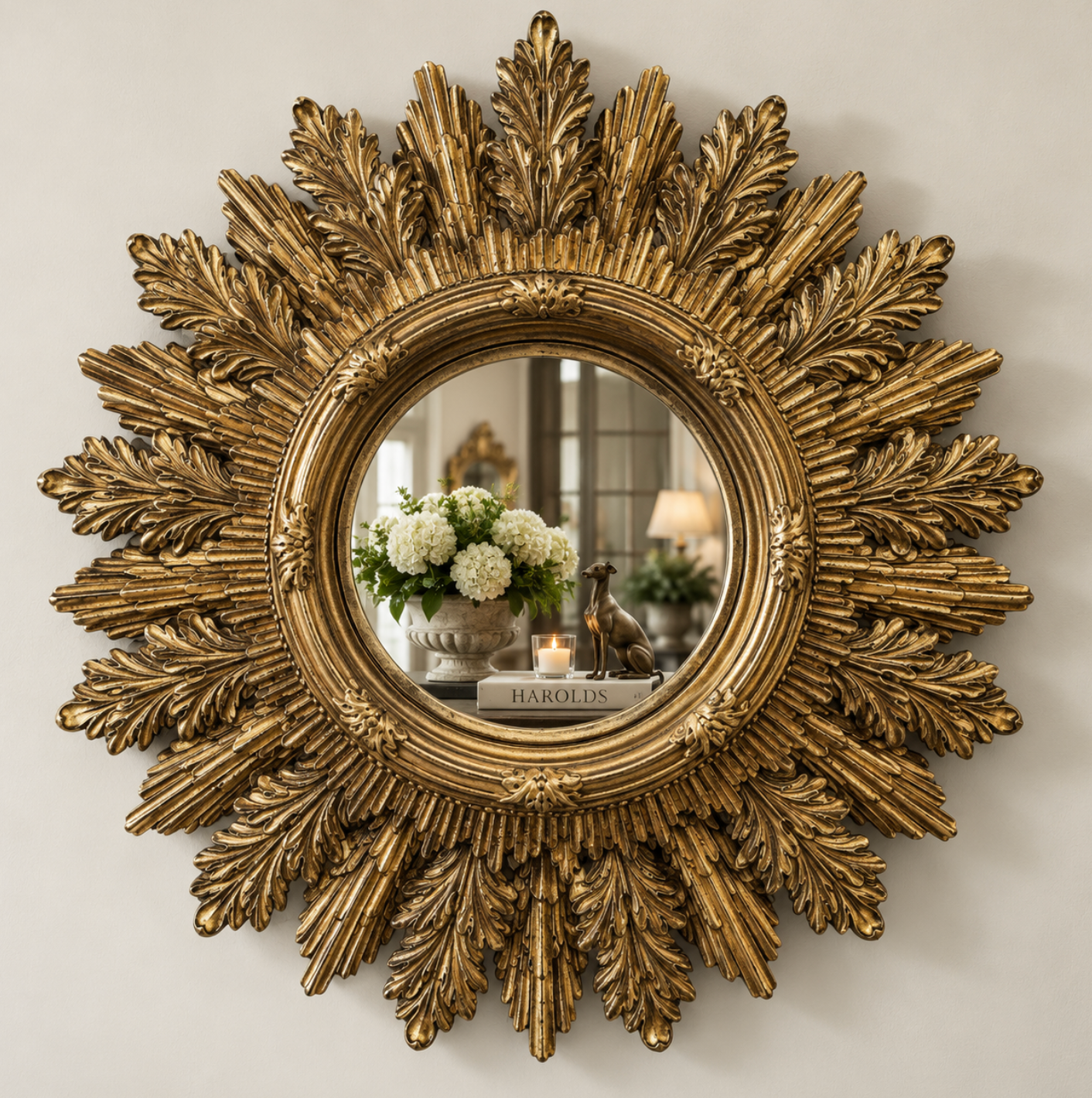 Gold mirror with an ornate acanthus leaf frame and painted timber finish