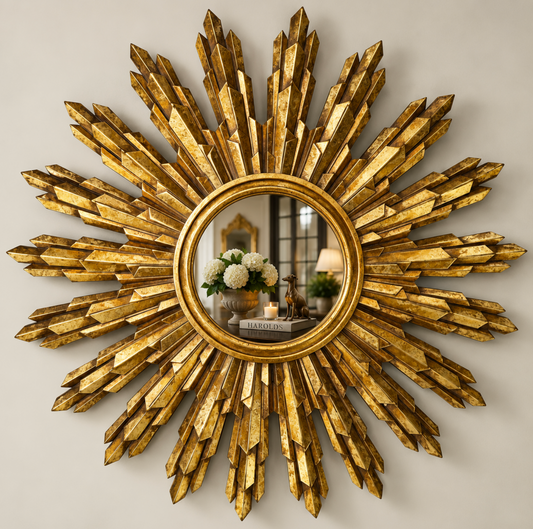 Gold-toned painted timber sunburst mirror on a neutral wall