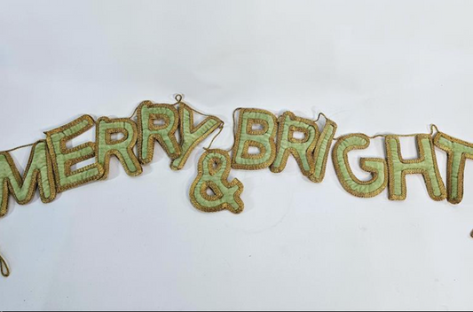 Mint green velvet garland spelling Merry and Bright with gold edging