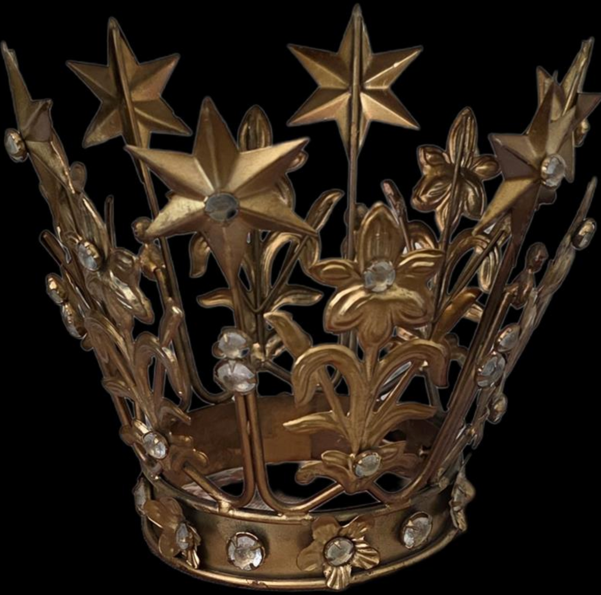 Medium aged gold-toned crown with star, flower and leafy details and clear faceted embellishments