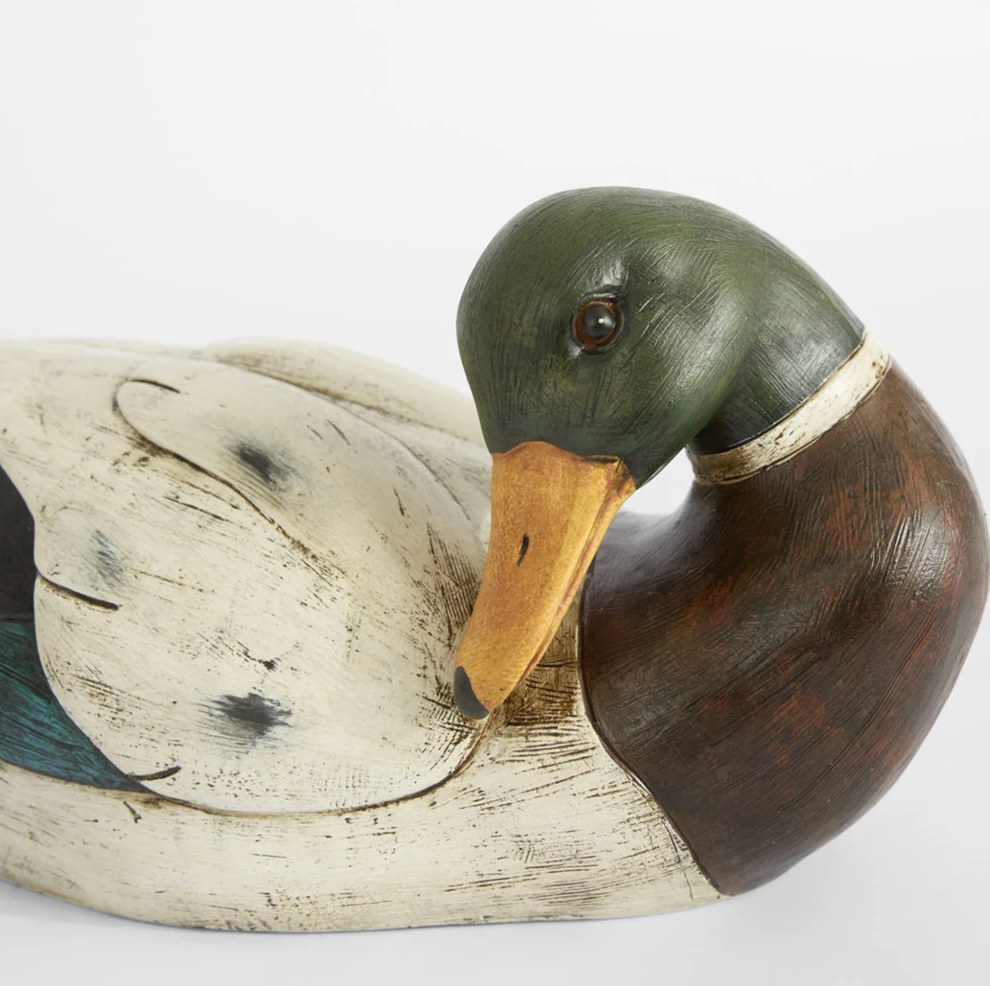 White polyresin trinket duck with green head and brown breast